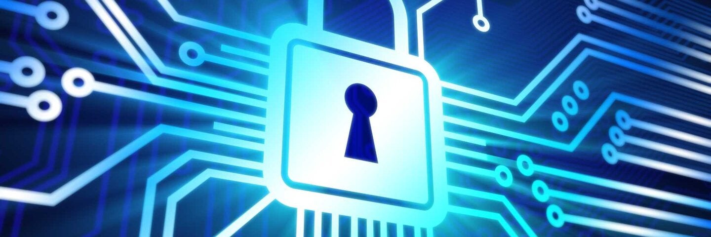 Cybersecurity concept with padlock and circuitry.