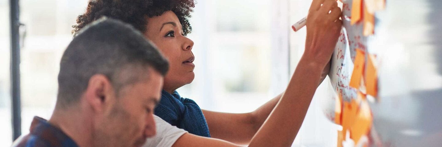 Writers brainstorming on a whiteboard and post-it notes