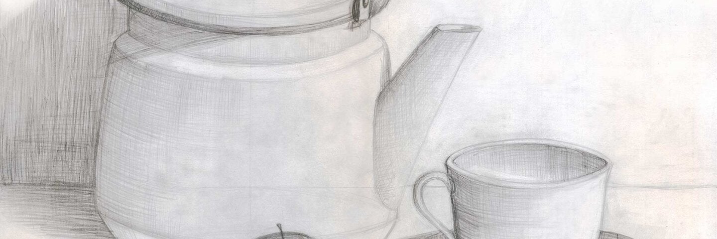 still life with kettle and Apple, pencil drawing